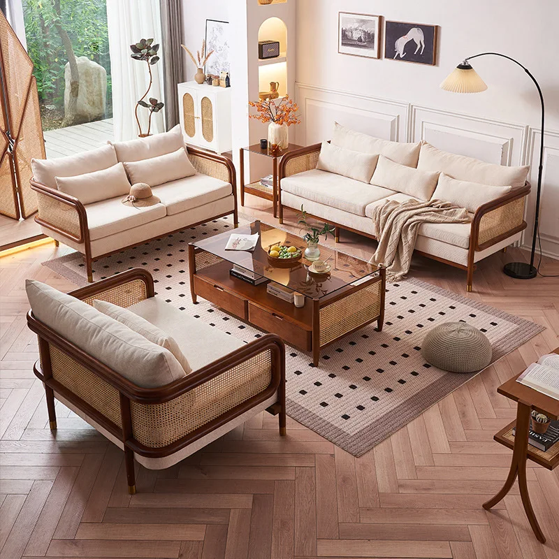 New Chinese rattan solid wood sofa wabi wind home living room fabric sofa sponge ash wood single and double three people