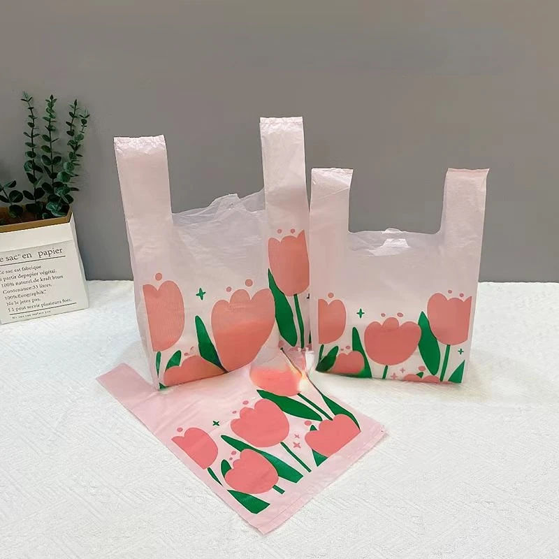 50Pcs Pink Tulip Clear Shopping Packaging Bag Plastic Cute Flower Gift Bags For Jewelry Candy Store Small Business Supermarket