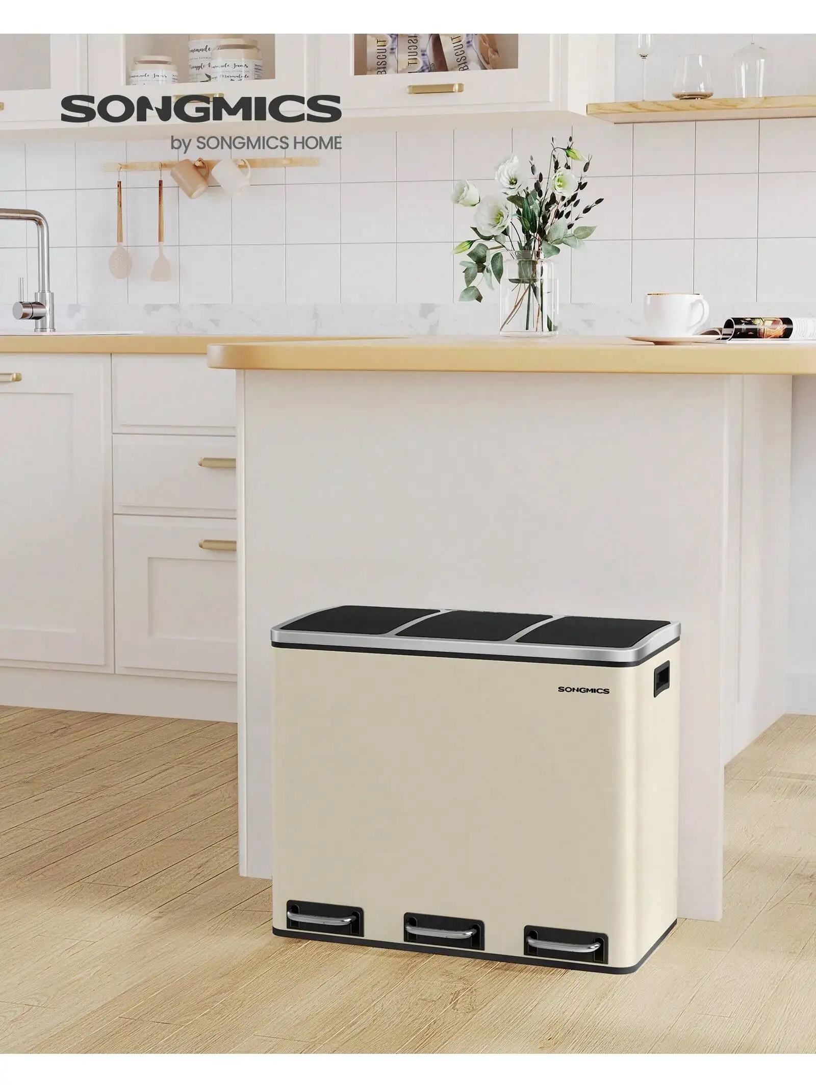 SONGMICS Cestino da Cucina, Pattumiera per Raccolta Differenziata 3 x 18L, 3 Scomparti per Riciclaggio, Coperchi a Chiusura Morbida, Pedali, Acciaio, Bianco Nuvola/Grigio Verdastro/Argento