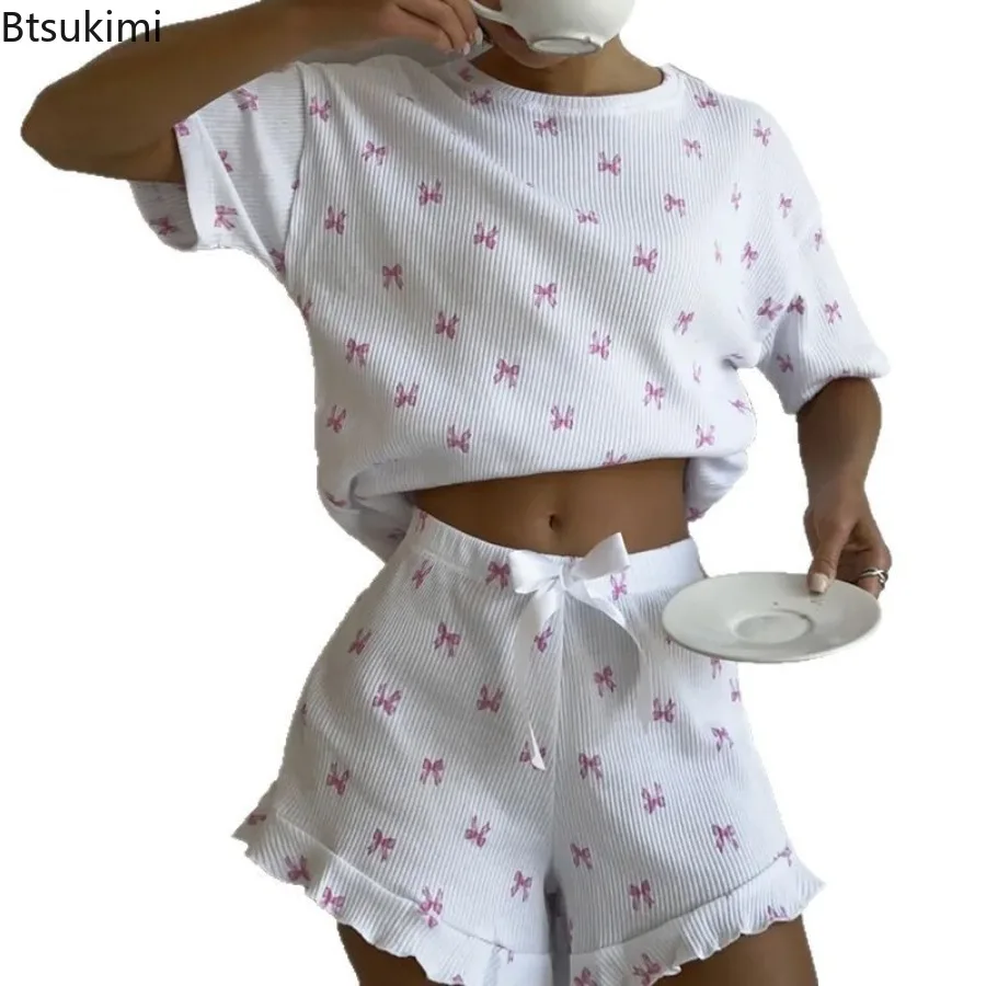 New 2025 Women's Spring Summer Casual Home Bow Print Short-Sleeved Lace Shorts Comfortable Loose Pajamas Ladies Homewear Suit