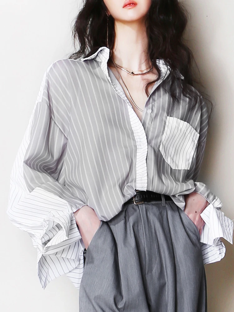 YERMORA Color-block Striped Pocket Casual Blouse For Women Lapel Long Sleeve Loose New Shirt Fashion Tide Spring Autumn 2025