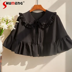 Women's Gothic Black Lolita Shawl Womens Loose Lace-Up Ruffle Edge Doll Collar Cloak Jacket Lady Vintage Capes Ponchos 2024