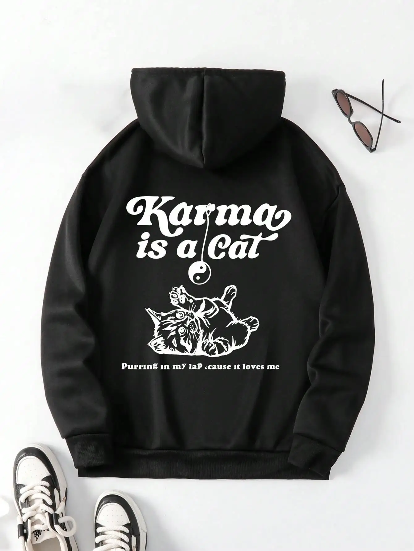 Karma Is A Cat Funny Letter Graphic Print Man Hoodie Soft Fleece Hoody Simple Warm Sweatshirt Street Fit Autumn Pullover