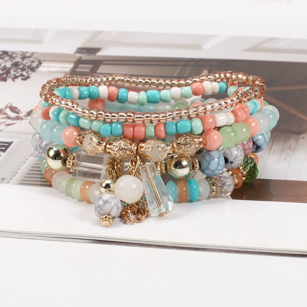 Boho Tassel Stackable Beaded Bracelet Set for Women Multi Layer Summer Vacation Wrist Chain Girl Bohemian Hand Jewelry Accessory - view 5