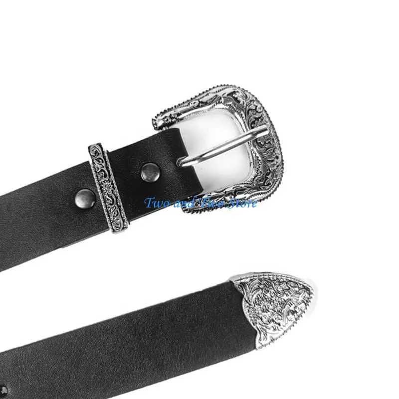 

HX6F Y2K-Style PU Waist Belt for Jeans Dress Cowgirl Carved Buckle Waistband