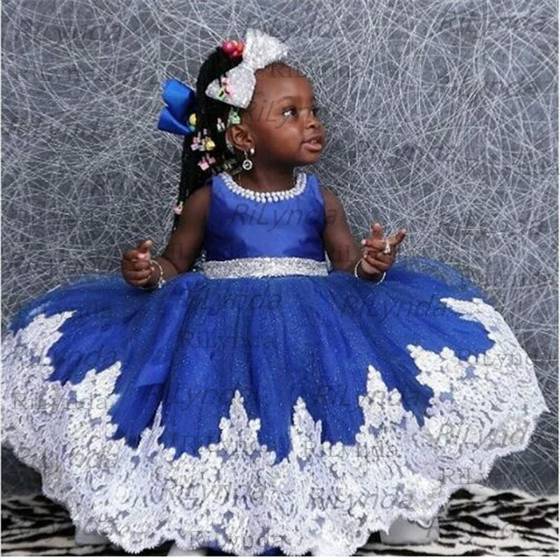 Royal Blue Princess Flower Girl Dresses Crystals One Shoulder Organza Ruffled  Long Girls Birthday Party Gowns