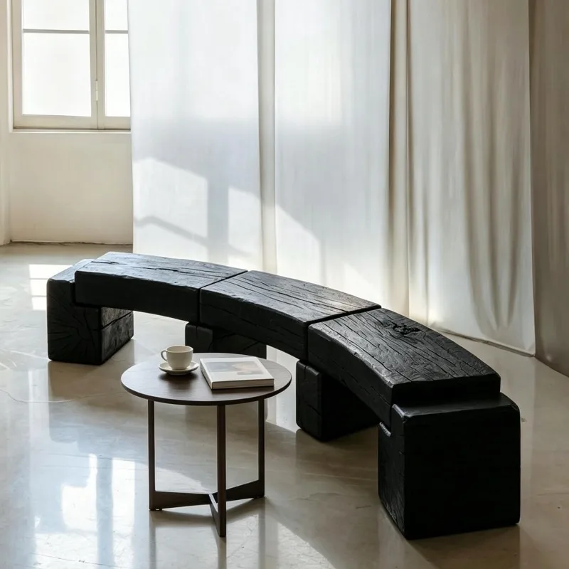 Wabi Stillwind Curved Bench Modular Art Bench Hotel Showroom Tea Room Solid Wood Decoration Low Bench Black