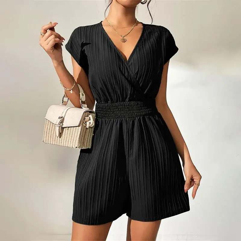 

Striped Dstring Cross Collar Strap Jumpsuit High Waist Five-Quarter Length T-irt Sle Women's Faion Summerwear