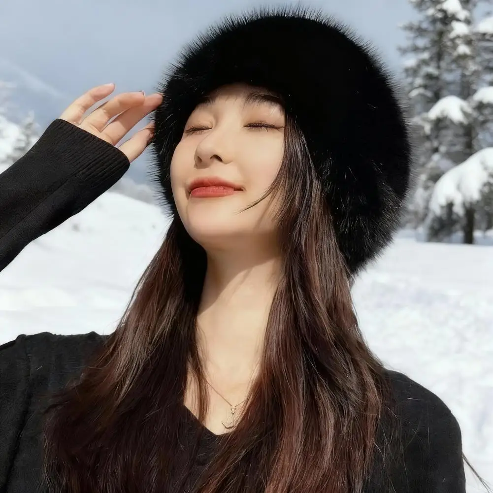 Cappello mongolo in peluche spesso e caldo per donna Berretto invernale a tesa larga con parte superiore piatta, copricapo alla moda a prova di freddo per l'inverno
