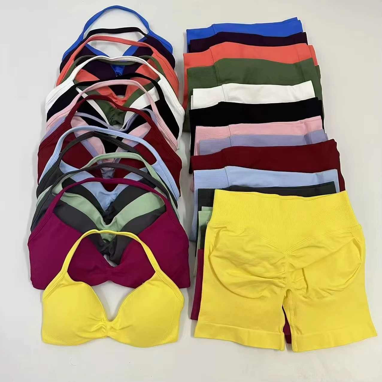 

2PCS Impact Gym Set Women Seamless Strappy Yoga Bra Top High Waist Workout Scrunch Shorts Sports Suit Fitness Clothes Sportswear