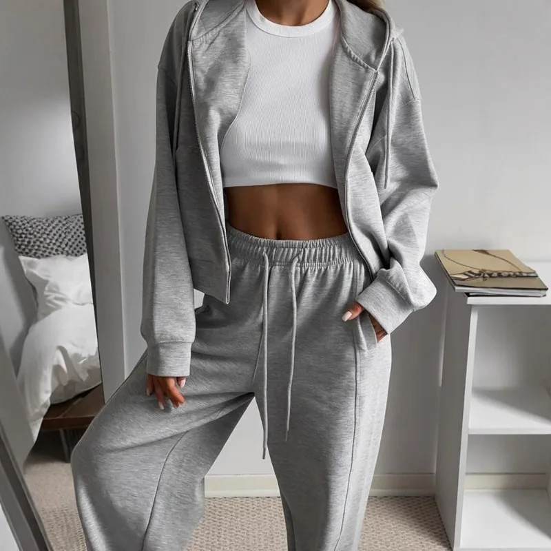 A New Two-piece Casual Set Of Women's Clothing on AliExpress Featuring Zippered Hooded Sporty Cardigan with A Tie and Long Pants