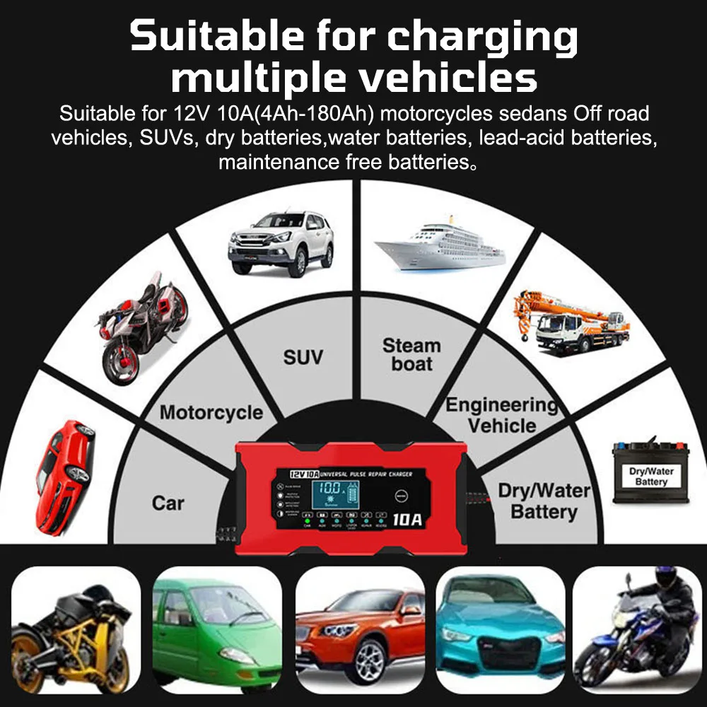 EU/US Plug Pulse Repair 12V 10A Digital LCD Display 14.6V 10A Iron Lithium Charger Smart Battery Charging Car Battery Charger