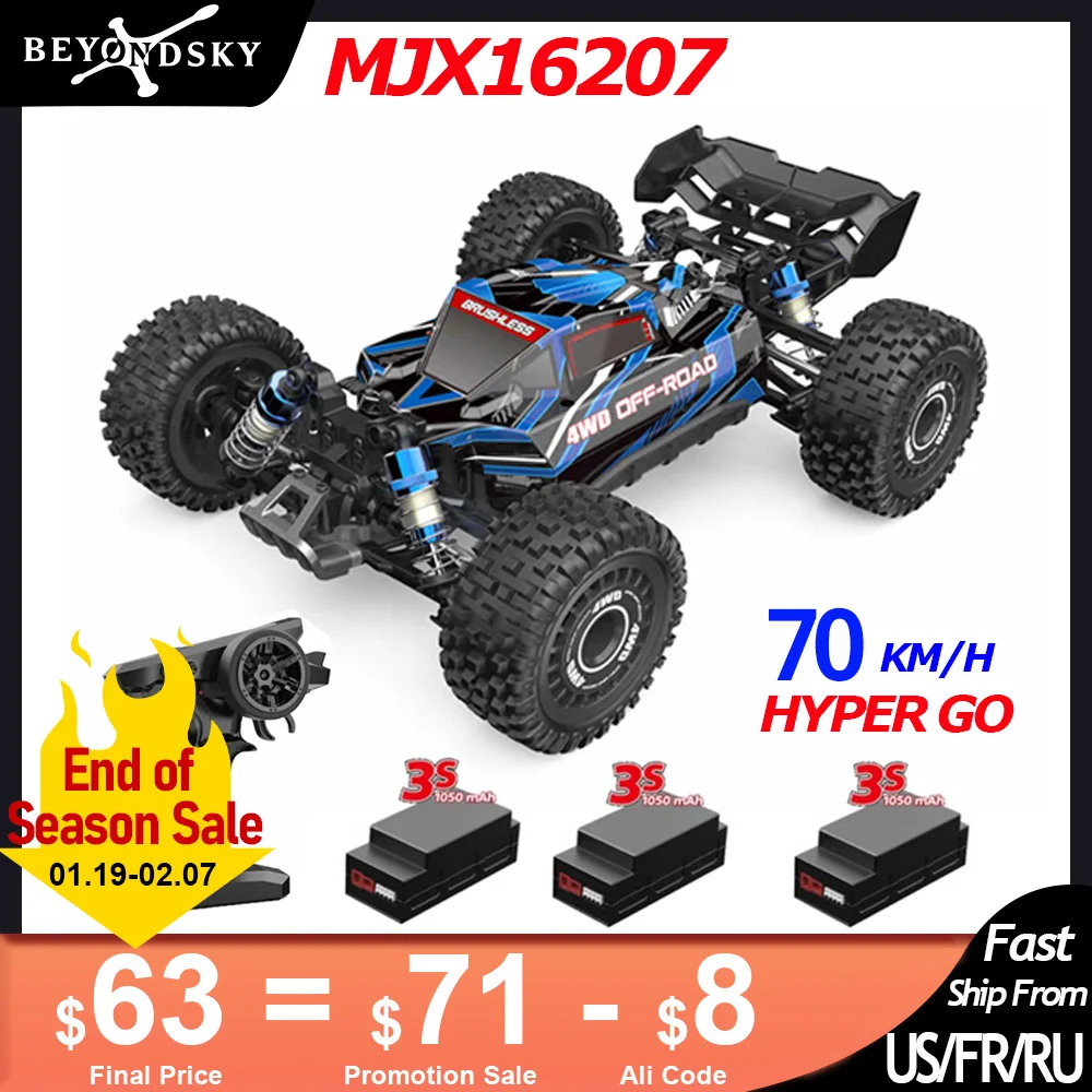 HYPER GO MJX16207 16208 1/16 RC Car Brushless 2.4G 4WD Racing Car Brushless 70KM/h Off-Road Remote Control RC Truck Hobby Toy