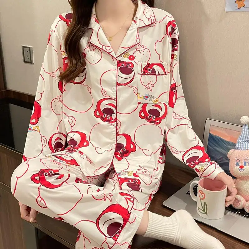 Pajamas Women\'s Disney Cartoon Bear Spring Autumn Pajamas Long Sleeve Trousers New Cartoon Loose Cardigan Pajamas Home Suit