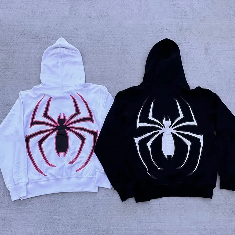 Sudadera con capucha con estampado de araña Y2k para hombre y mujer, chaqueta de manga larga con cremallera de Hip Hop, abrigos Harajuku, Sudadera