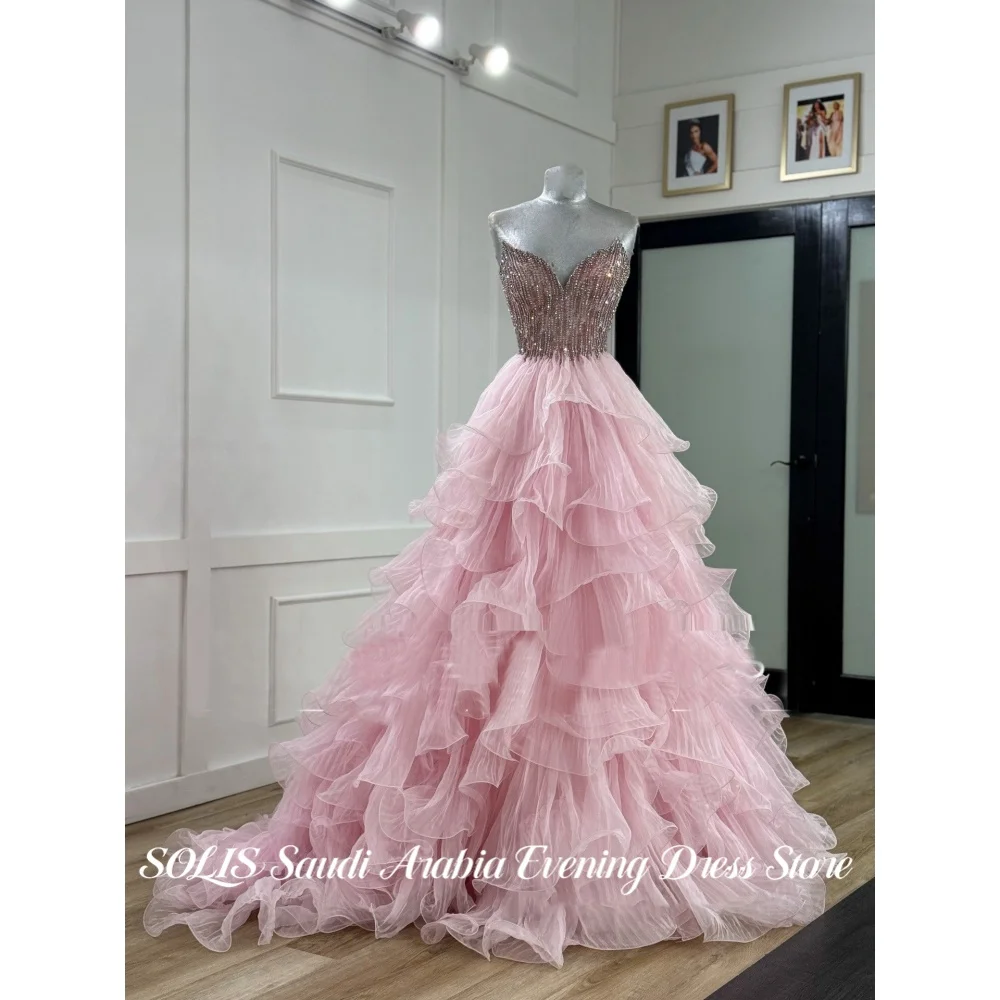 

SOLIS Elegant Pink Prom Dress Sweetheart Neckline Evening Dress with Crystal Beaded Tiered Ruffle Tulle Party Dress Customized