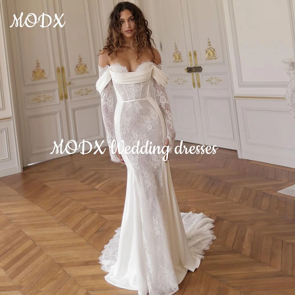 MODX Luxury Mermaid White Lace Wedding Dress Sweetheart Strapless 3D Applique Beaded Corset vestidos de novia Customized