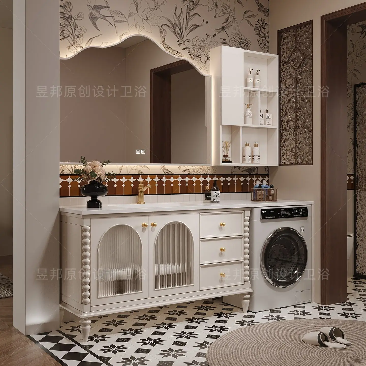 Factory Direct 2026 French floor-to-ceiling balcony washing machine integrated bathroom cabinet combination American retro bathr