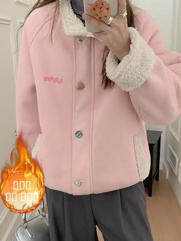 

Lamb Fur Suede Jaet Women Winter Thiened Warm Cotton Coat Outerwear Korean Sle Loose Student Inteated Leather Fur