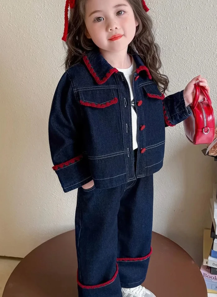 Girls' Suit Autumn Foreign Style Children's Denim Two-piece Set Medium and Small Children's Girls Bow Jacket 2025 New