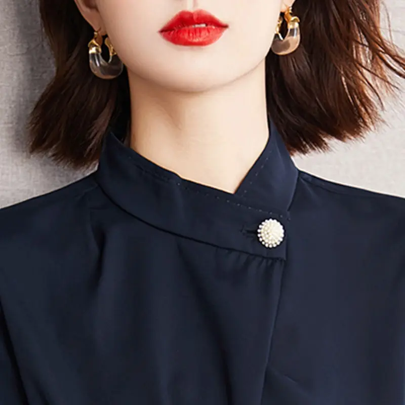 New Spring and Autumn Women's Solid Color Stand Collar Long Sleeve Loose Korean Shirt Button Folds Classic Fashion Casual Tops