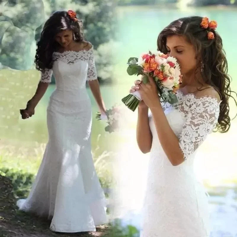 Vestidos De novia De encaje Vintage personalizados, vestidos De novia De sirena, media manga, cuello barco, bata con cordones De Marriee