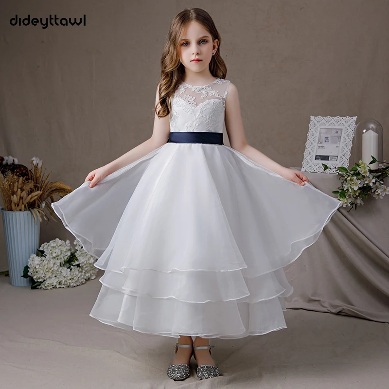 Dideyttawl Tiered First Communion Sleeveless Tea-Length Flower Girl Dress For Wedding Party Lace Junior Bridesmaid Gown