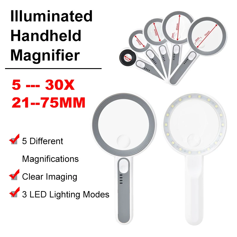 1PC Illuminated Magnifier Handheld3 Lighting Modes Rechargeable Magnifying Glass for Seniors Reading Jewelry Watch Reading Loupe