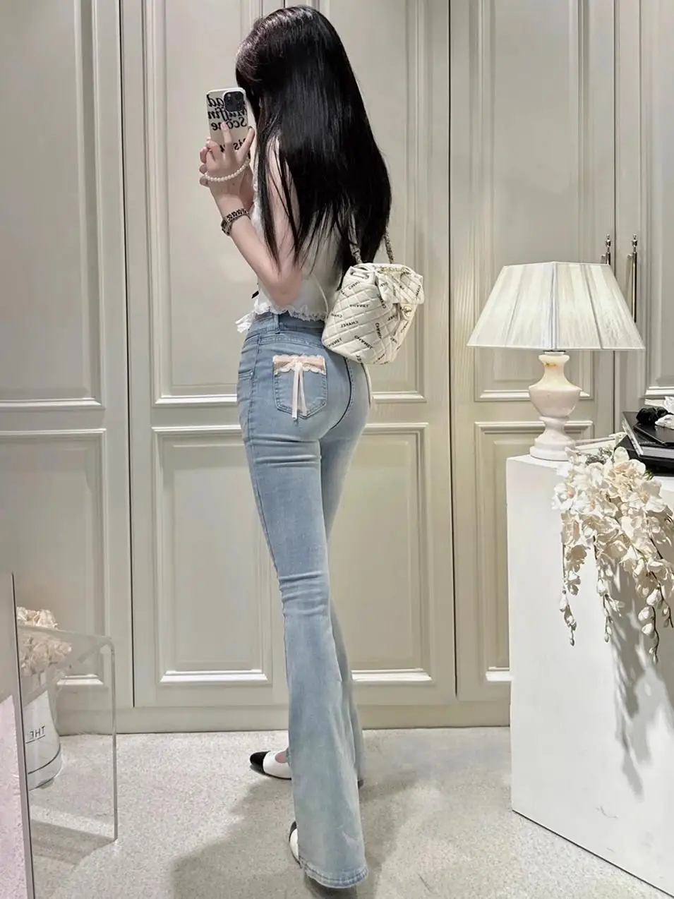 

High Waist Bell Bot Jeans Lace Detail Cotton Stretch Denim Built-In Hip Pad Tummy Control Slimming Design Long Pants