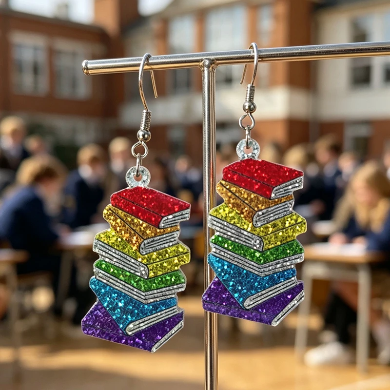 New Cute Shiny Colorful Stacked Book Earrings School Teacher Theme Festival Earrings are Ideal Gifts for Teachers and Students