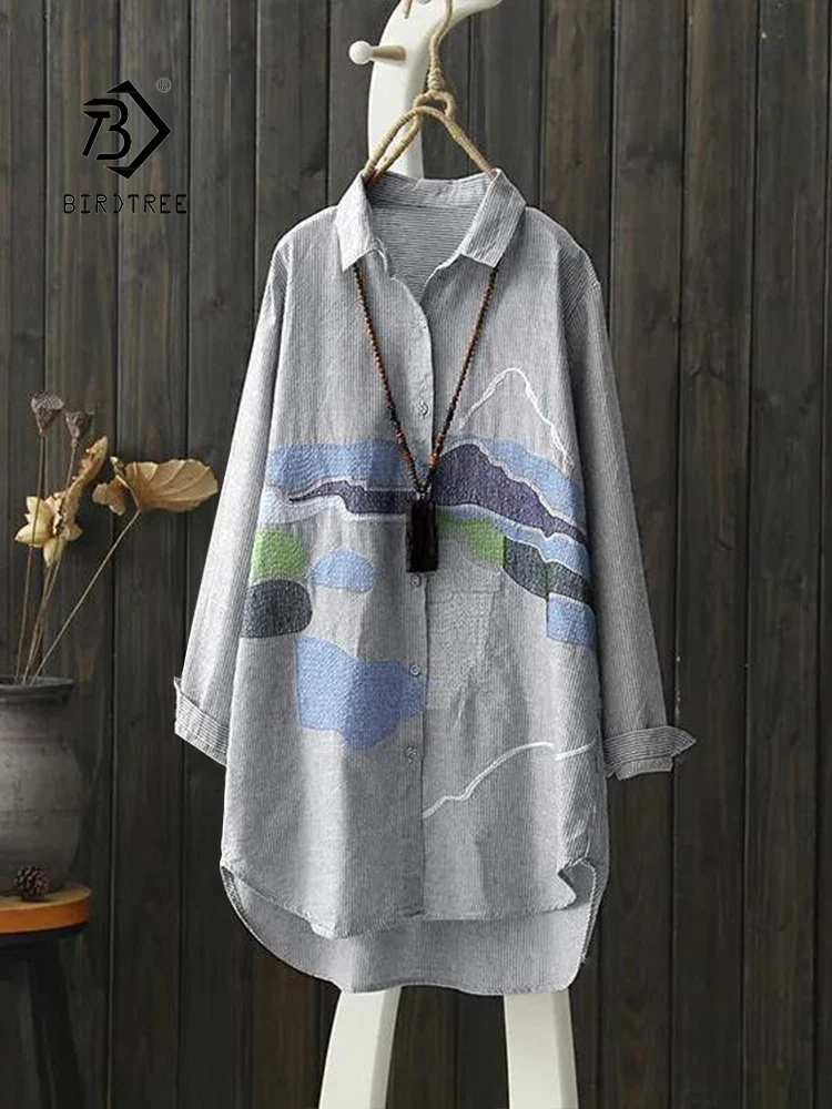 2022 Autumn Women Vintage Striped Cotton Embroidery Long Shirt Turn Down Collar Button Up Blouse Casual Wear Basic Loose Tops