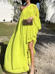 Freeacy Female Fashion Irregularity One-Shoulder Party Prom Dress 2024 Summer Solid Color Vacation Beach Maxi Dresses For Women