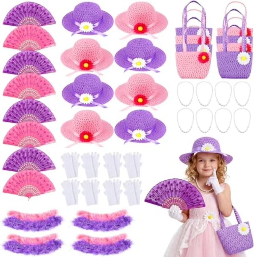 

Игровой набор Geyoga 48 предметов для девочек: Набор для чаепития с перчатками, шляпкой и перьевой накидкой для переодевания, а также сумочки-игрушки