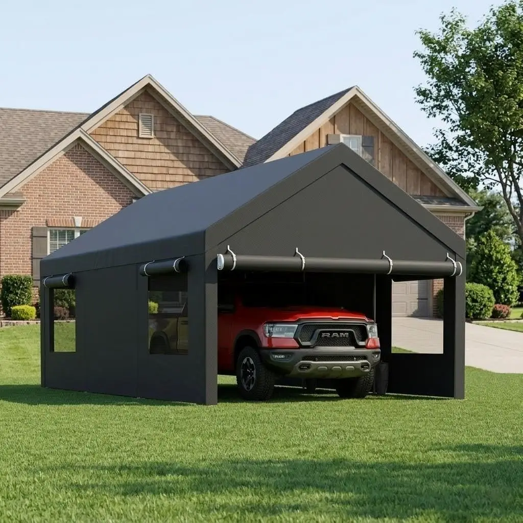 12x20 FT Heavy-Duty Design Carport,Portable Garage Canopy,Carport Canopy with Side-Opening Removable Door & Roll-Up Window,Porta