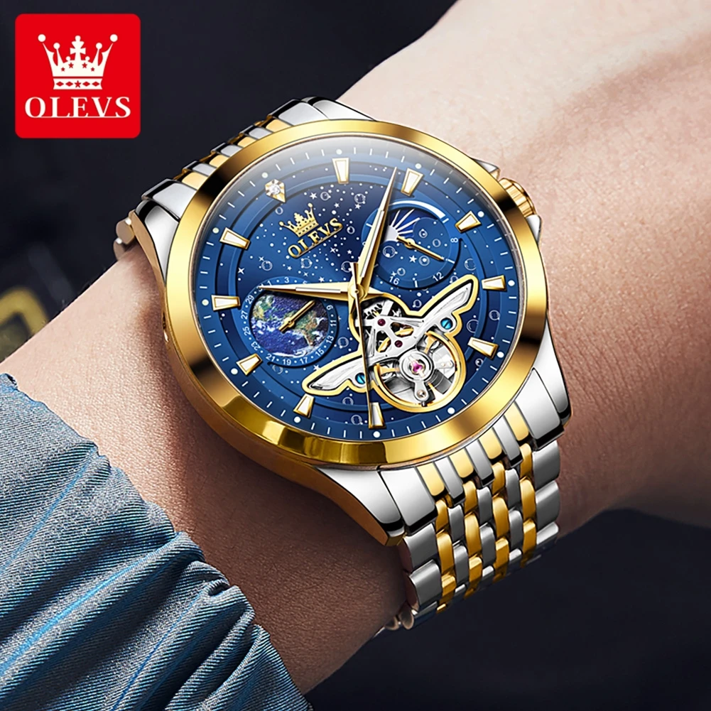 OLEVS 6705 Orologi da uomo Luxury Business Oro blu Orologio da polso meccanico automatico originale per uomo Movimento volano impermeabile