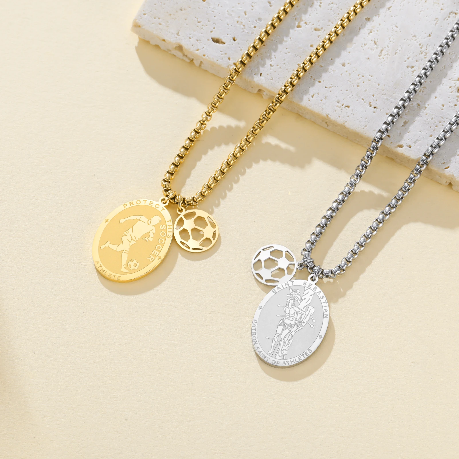 CoolTime Women Necklace Saint Sebastian Soccer Stainless Steel Gold Color Football  Pendant Amulet Jewelry for Men Women Gifts