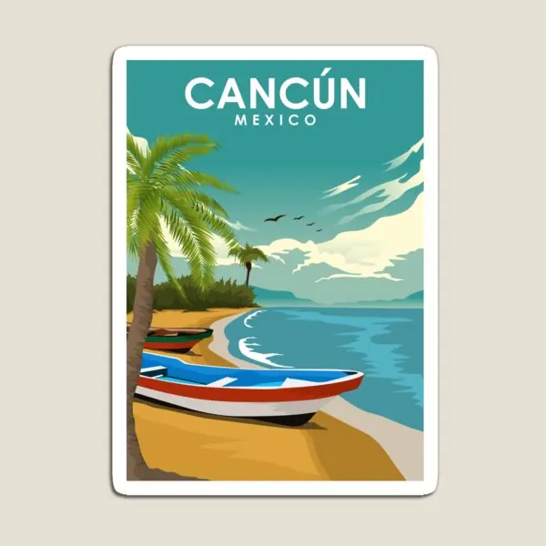 Cancun Mexico Vintage Travel Poster  Magnet Decor Children for Fridge Organizer Stickers Home Baby Toy Cute Holder Colorful