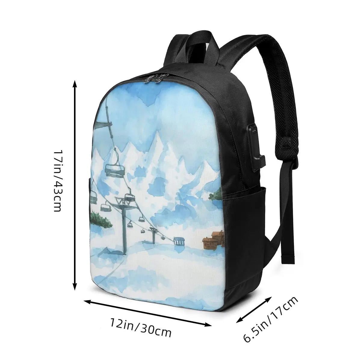 Watercolor Ski Resort And Cable Car Design Backpack Travel Notebook Bag Computer College Student School Bag Laptop Shoulder Bags