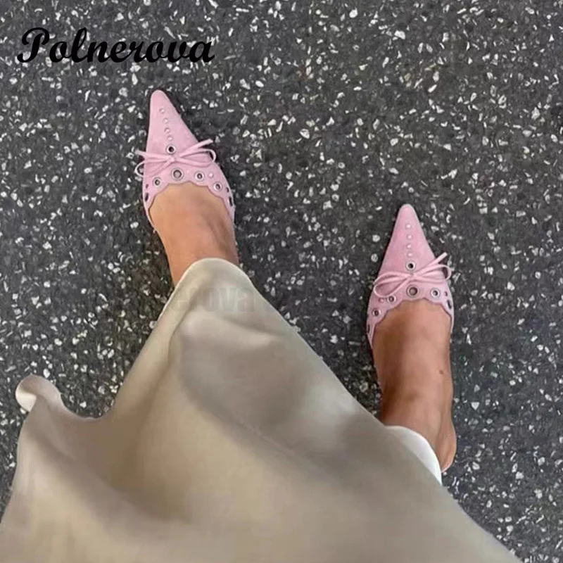 

Pink Suede Bow Mueller Shoes Hollow Pointed High Heel Sandals Female New Temperament Baotou Shoes Casual Slippers for Women