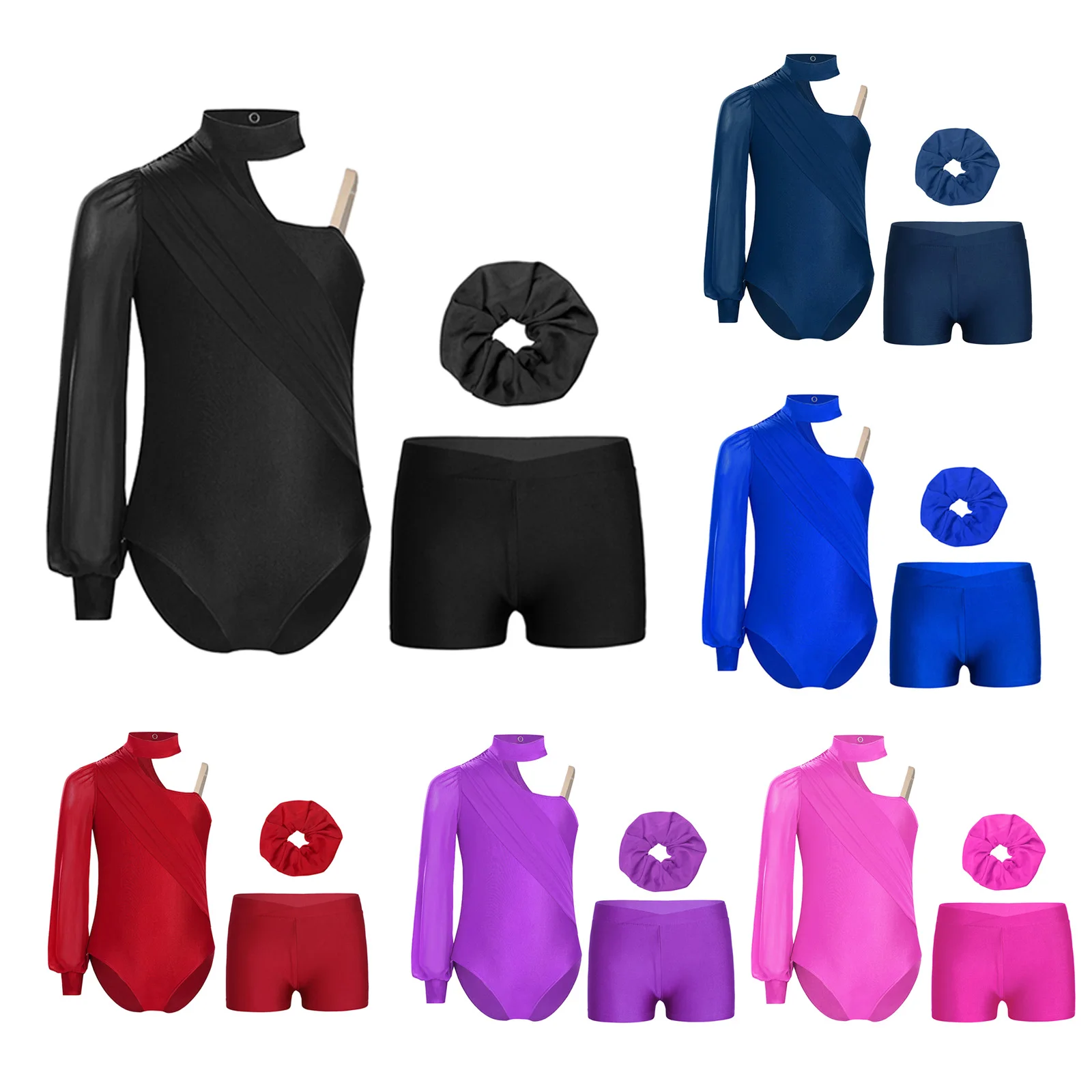 어린이 소녀 발레 댄스 세트 피겨 스케이팅 체조 댄스 복장 원 숄더 긴 소매 레오타드와 반바지 및 헤어밴드