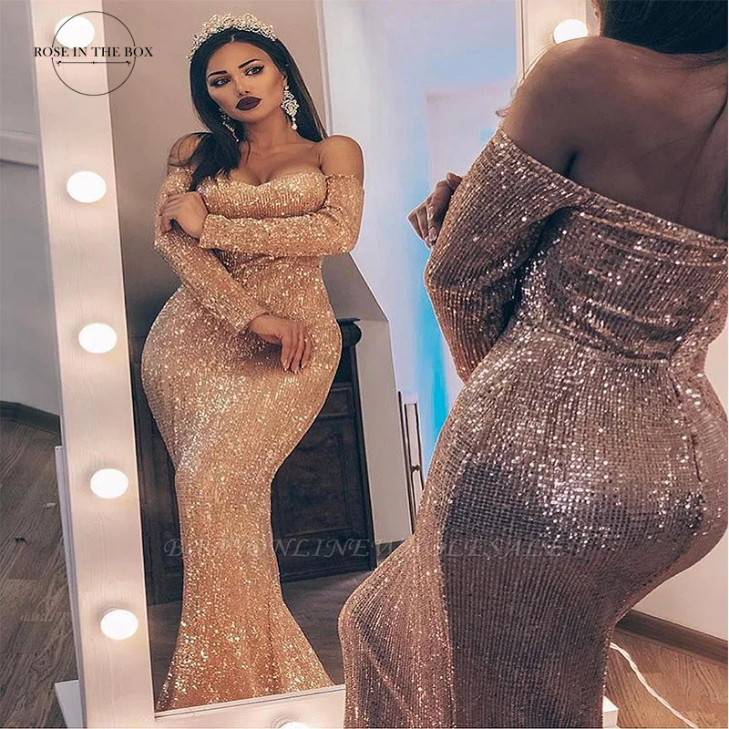 Glamorous Long Sleeves Sequined Mermaid Prom Dresses 2022 Elegant Sukienka Off Shoulder Woman Parti Dress Formal Evening Gowns