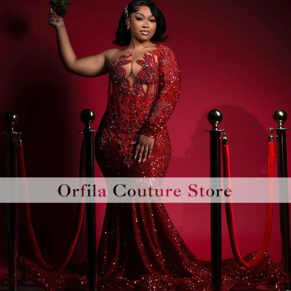 Exquisitely Sequin Prom Dresses For Black Girls 2025 Crystal Mermaid Party Gown One Sleeve Bespoke Homecoming Dresses Customized