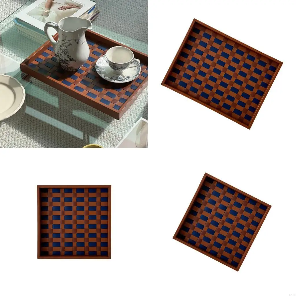 

Stylish Checkerboard Pattern Leather Tray Durable Kitchen Desktop Organizers KXRE