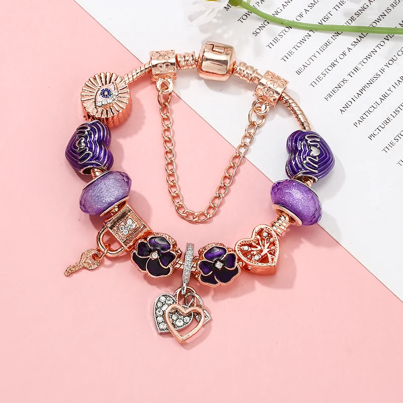 Luxury Dark Purple Pansy Beads Charm Bracelets Vintage Heart with Lock Pendant Bracelet Jewelry Gift For Women Couples Girl