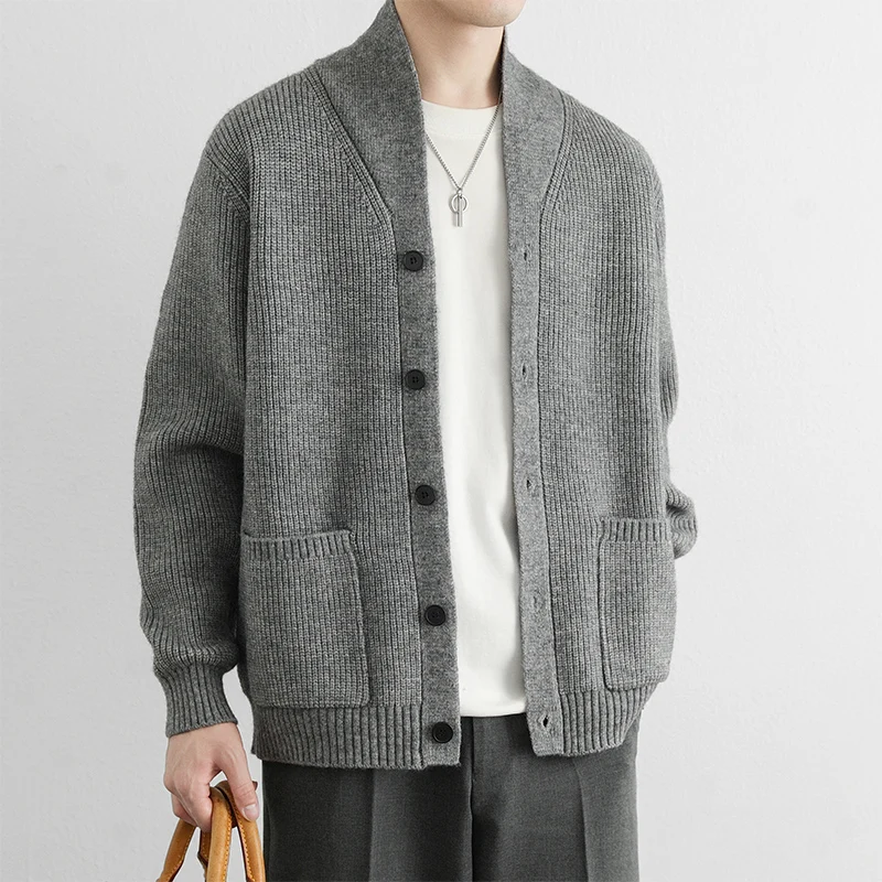 

Мужской вязаный кардиган свободного кроя с узором косы, повседневный, весна-осень, с воротником-стойкой, высокое качество, комфортный