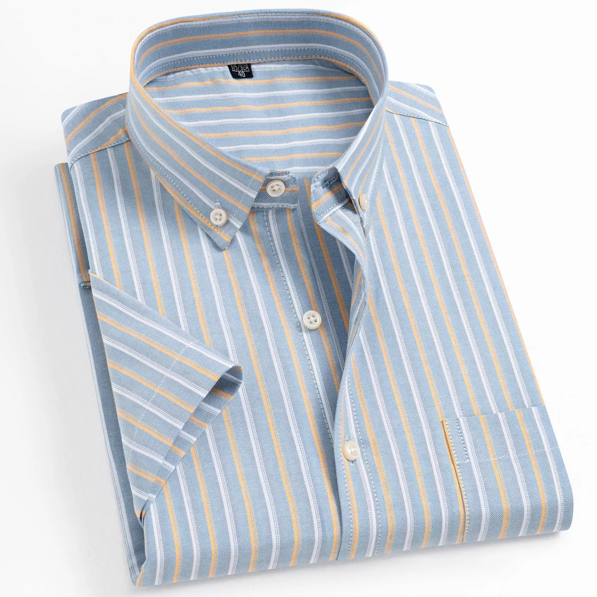 Fashion New Mens Oxford Stripe Shirts Summer Short Sleeve 100% Pure Cotton Casual Solid  Color Business Regular Fit Social White