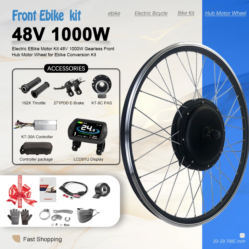 48V 1000W Electric Bicycle Conversion Kit 20-29inch dropout 100mm Front Brushless hub motor Wheel with kt display for E-Bike Kit