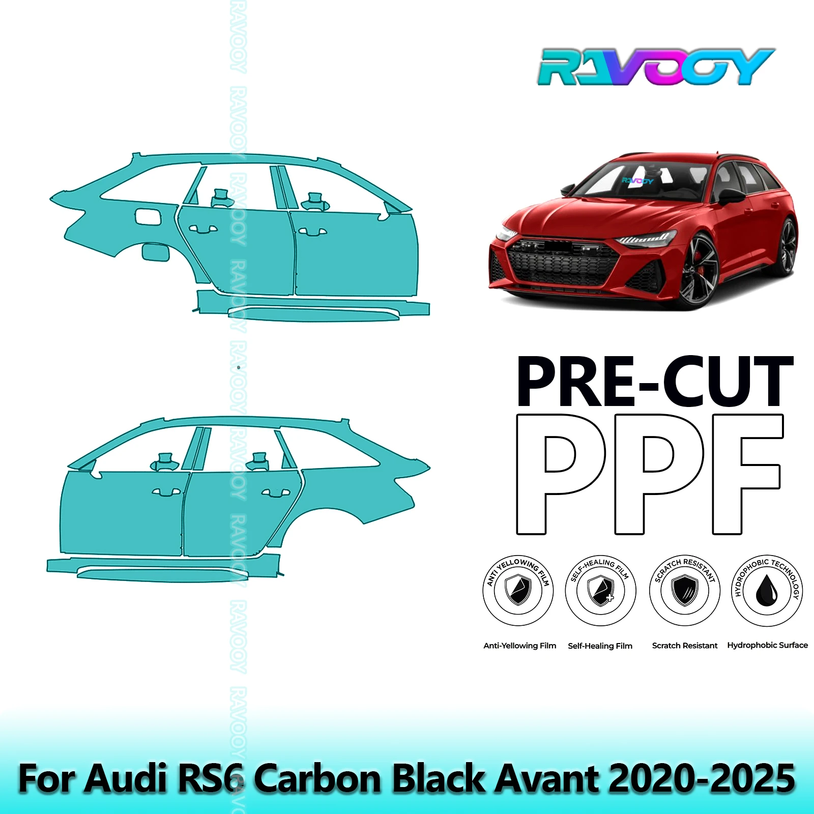 

For Audi RS6 Carbon Black Avant 2020-2025 8.5mil Clear Matte Pre-Cut PPF Door & A/B Pillar Kit TPU Paint Protection Film Set
