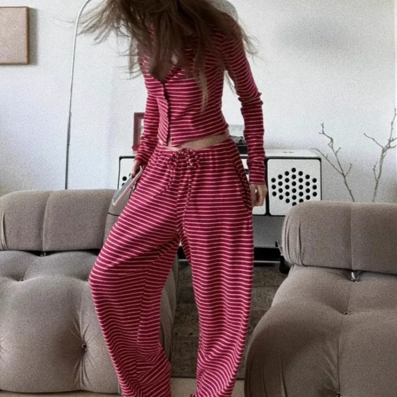 Pijamas a rayas para mujer, ropa de dormir de otoño, ropa de noche con botones, traje para casa de manga larga, moda coreana, conjuntos de pantalones rojos Piiama de 2 piezas