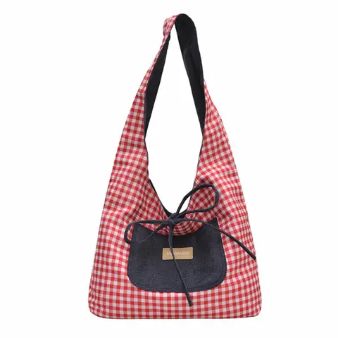 Lattice Double Sided Plaid Denim Vest Bag Cloth Japanese Style Denim Shoulder Bag Leisure Commuting Canvas Tote Bag Student